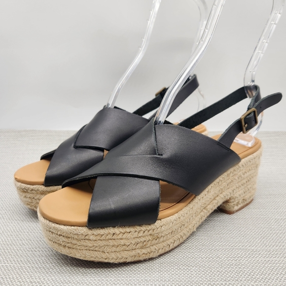 Soludos Amalfi Size 9 Black Leather Platform Sandals Heel Slingback Boho Sisal - Picture 3 of 16